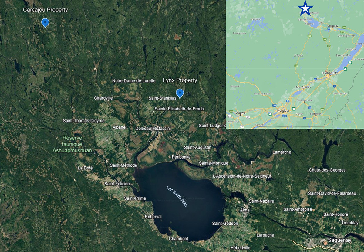 Figure 1 – Location of Lynx and Carcajou REE Properties, Close to Saguenay, QC, Major Regional Hub